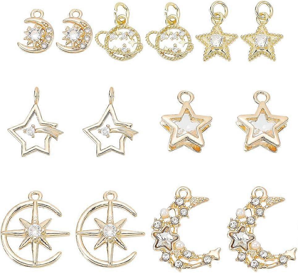 30 Pcs Cubic Zirconia Planet Charms 7 Styles Golden Moons and Stars Micro Pave Rhinestone Pendant Alloy Brass Celestial Charm with Jump Ring for Neckl