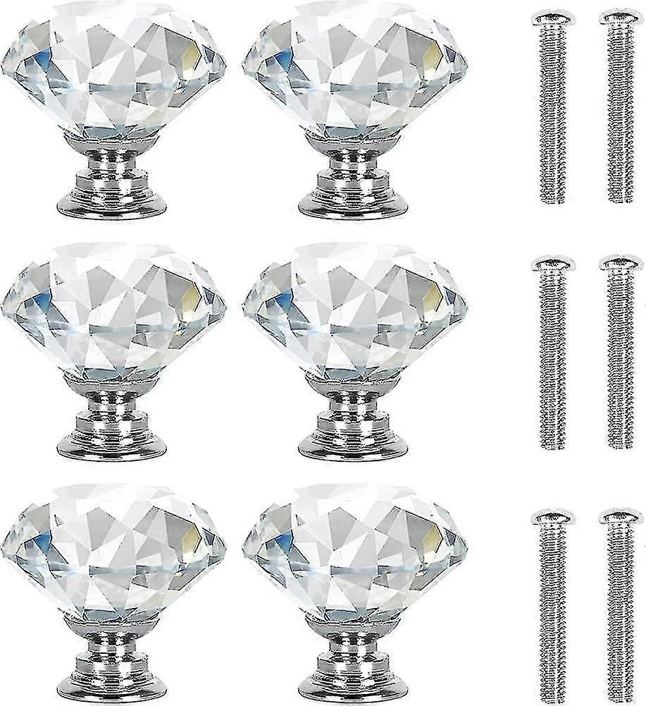 30mm Crystal Door Knobs With  Screws. Set Of 6 Cabinet Knobs In Clear Crystal