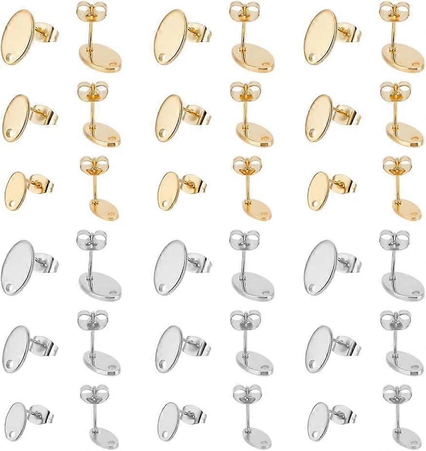 36Pcs 6 Styles 2 Color Stainless Steel Oval Stud Earring Finding with Loops and Ear Nuts Metal Earrings Posts Ear Stud with 1.2-1.6mm Hole for Earring