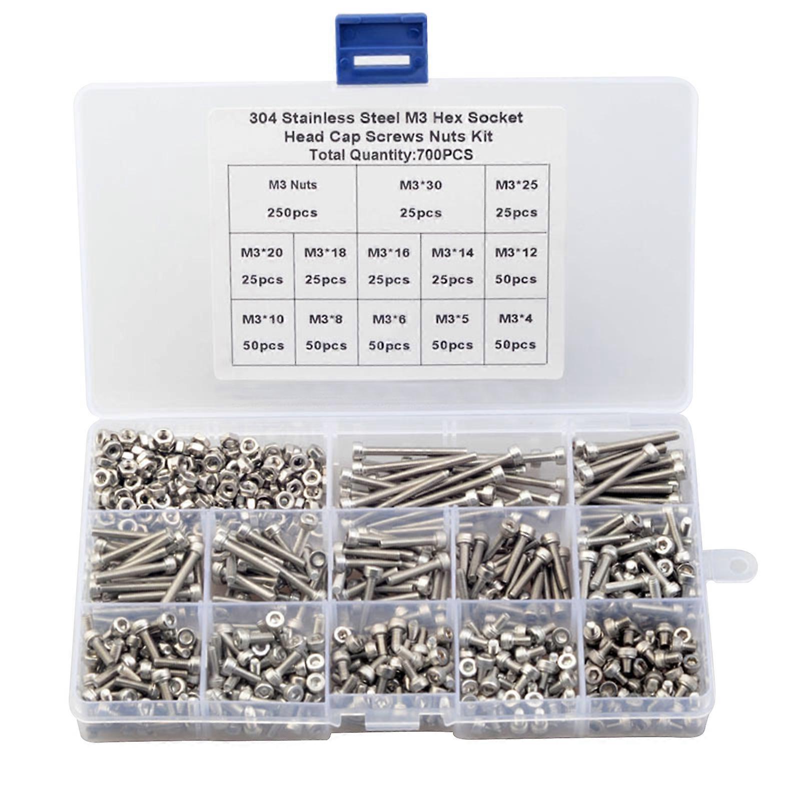 700Pcs M3 Hex Screws Standard Rust-proof Stainless Steel Hex Socket Screws Kit for Home QinHai