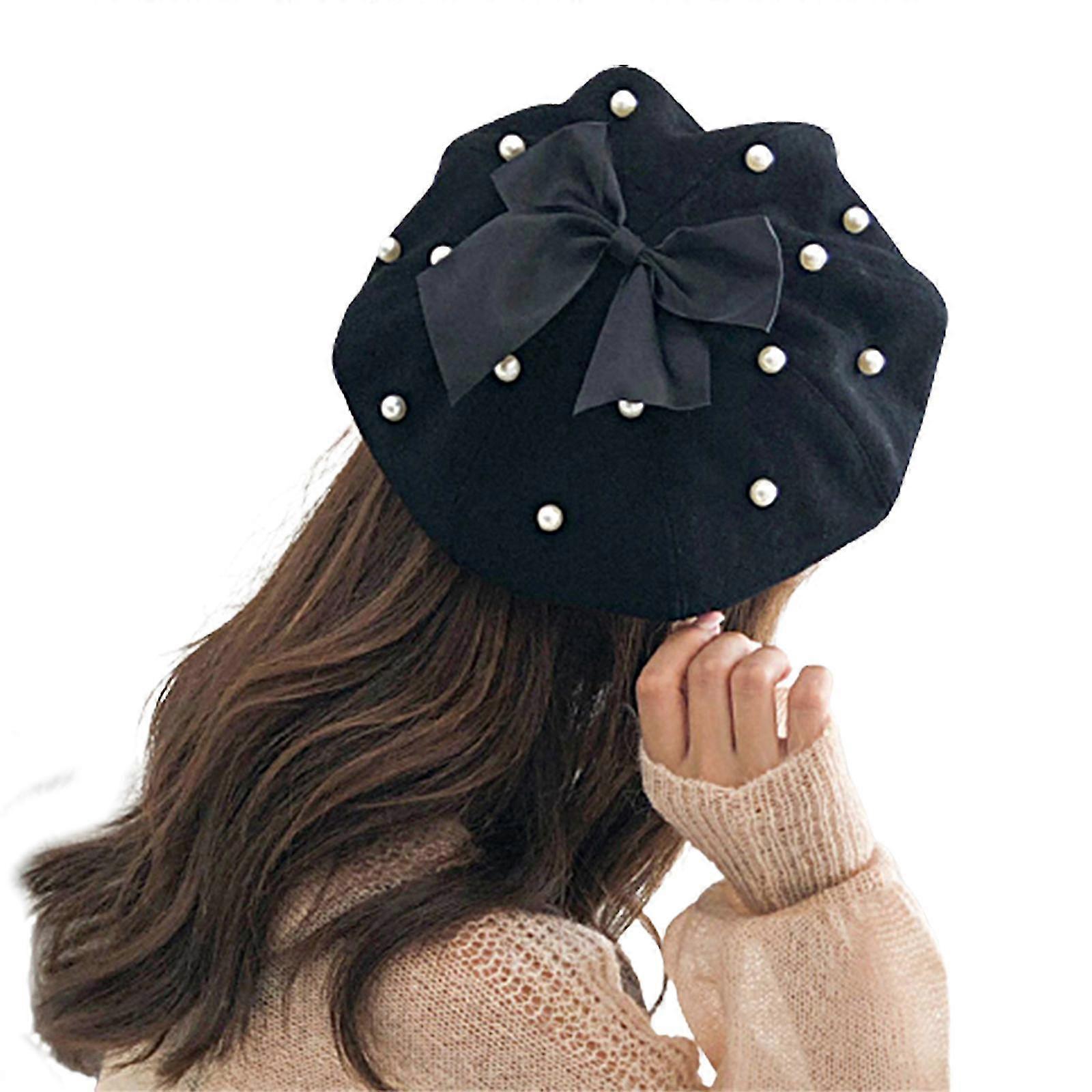 Solid Color Octagonal Cap Pearls Bow Woolen Beret Painter Hat For Halloween Xmas