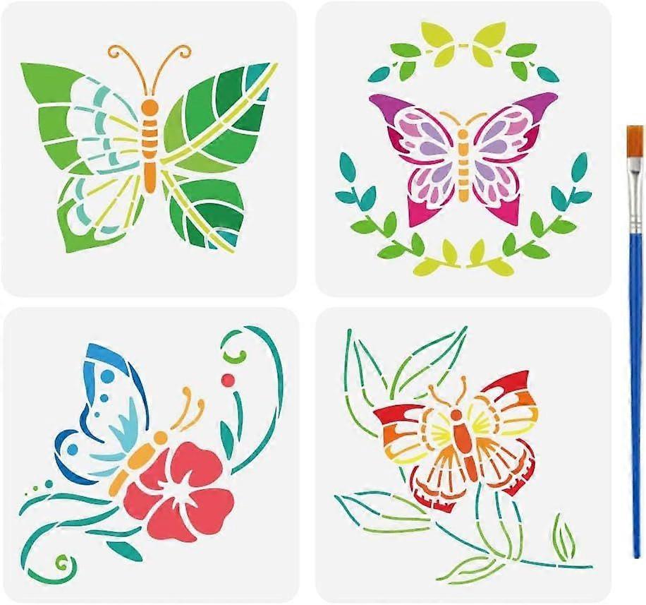 4 PCS Butterfly Stencil with 1 Pc Paint Brush Reusable 4 Styles Leaves and Butterflies Painting Stencil Artistic Butterfly Template for Painting on Wo