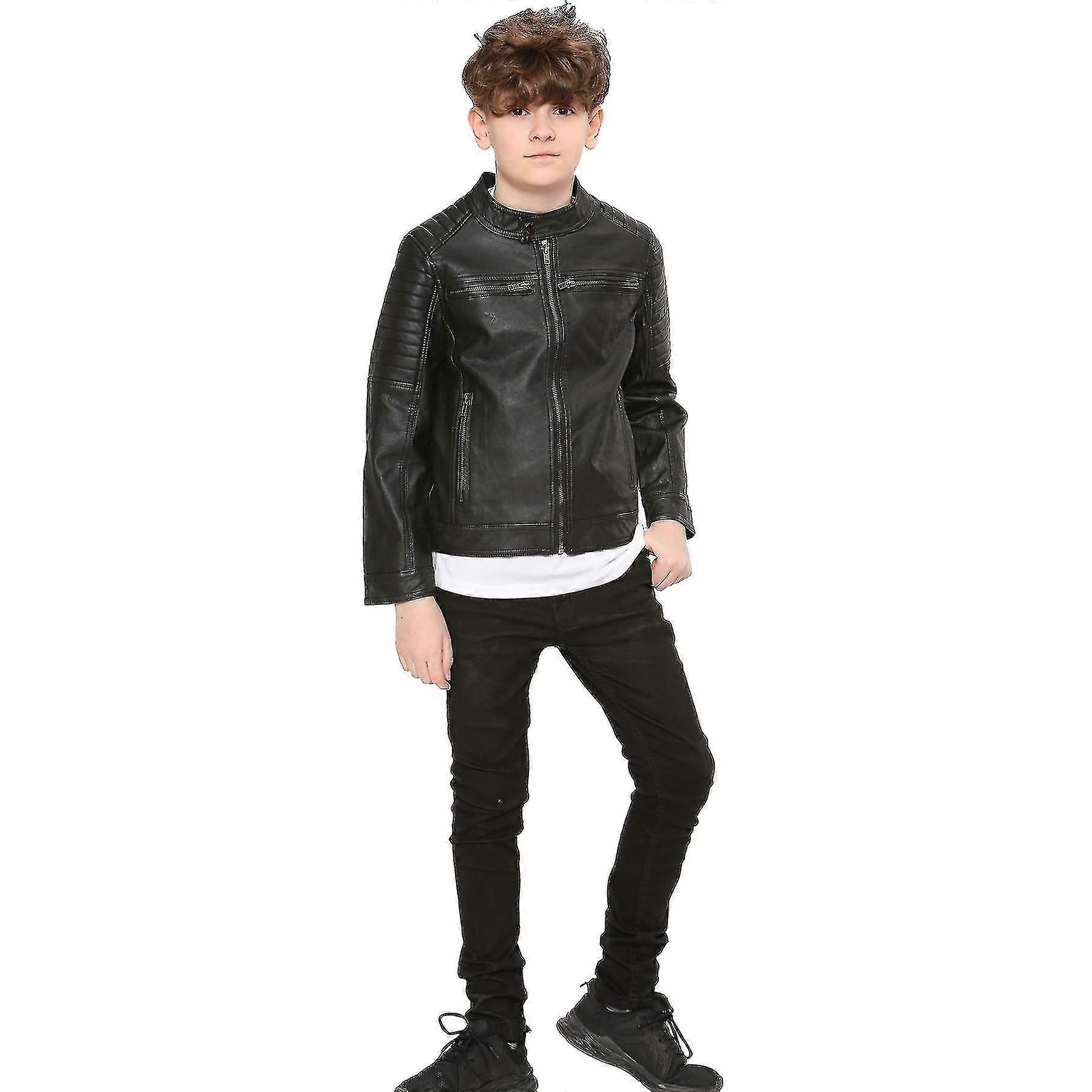 2025 Boys Motorcycle Biker Black PU Leather Jacket