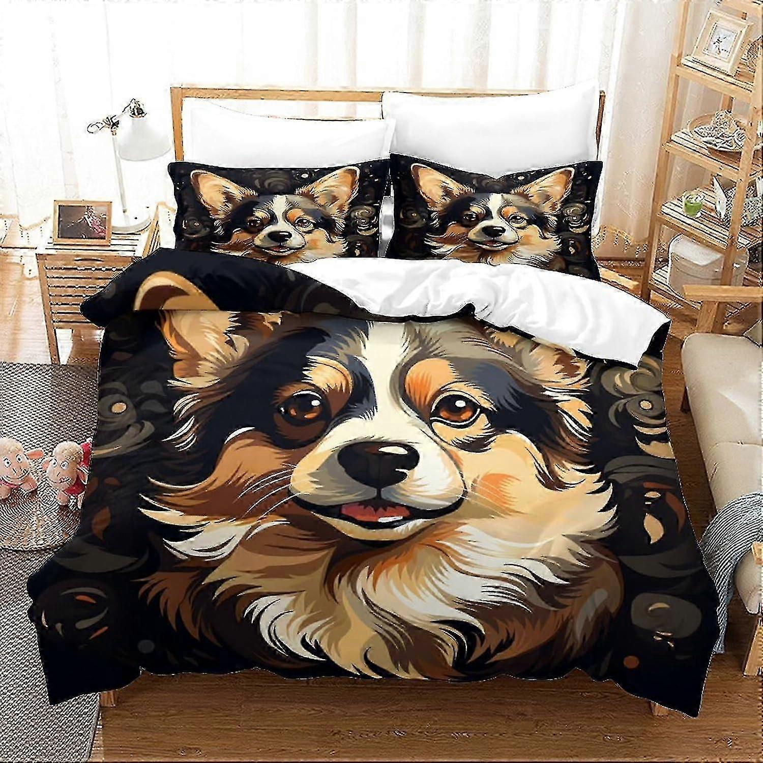 o3654 Lençóis Pintura a Óleo Corgi 3D Colchão Estofado, Colchão Estofado Microfibra, Conjunto de 3 Peças com Zíper e 2 Fronhas, para Adolescentes E