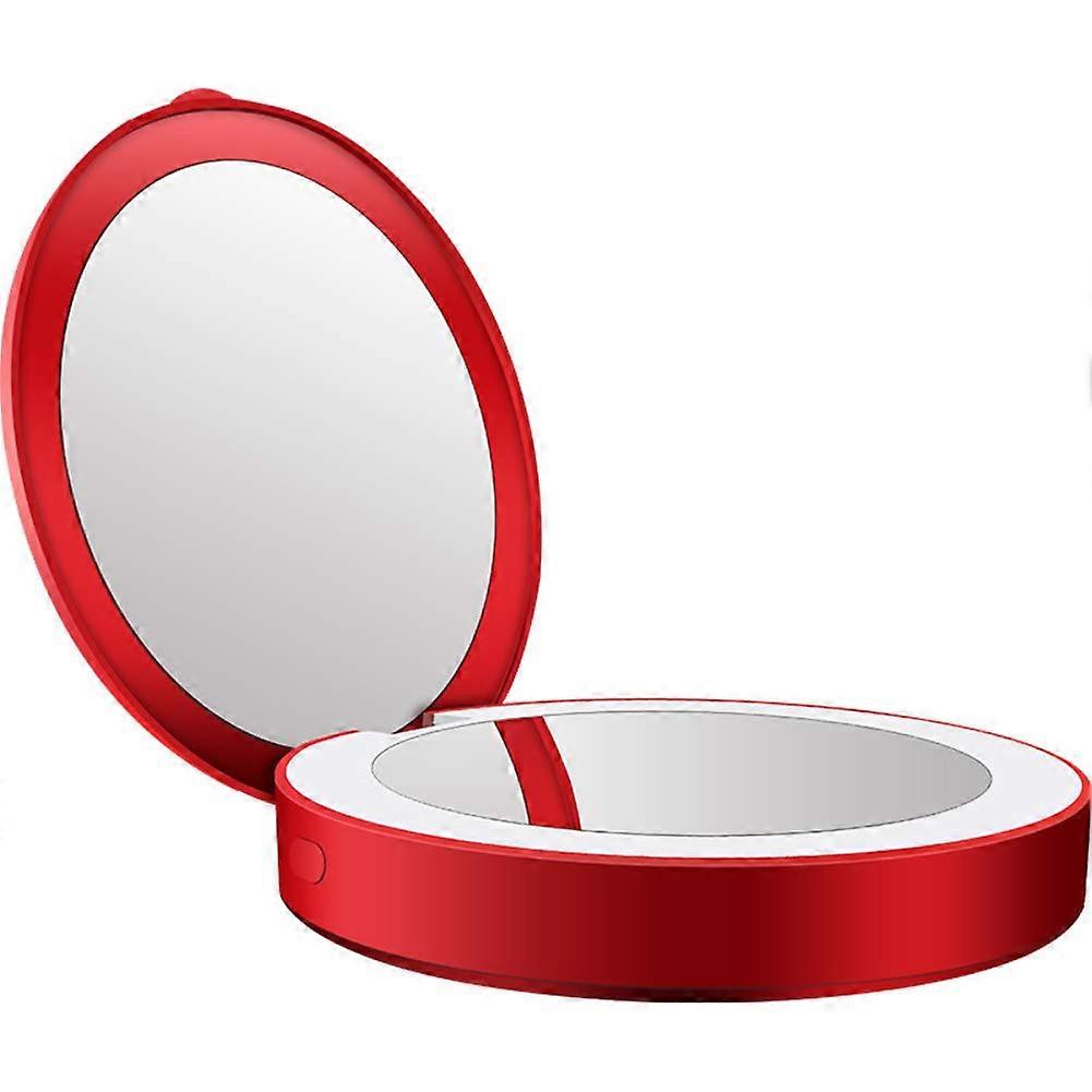 Mini Folded LED Makeup Mirror 3x Magnification Travel Mirror with Powerbank Red - Compact and Portable Beauty Tool