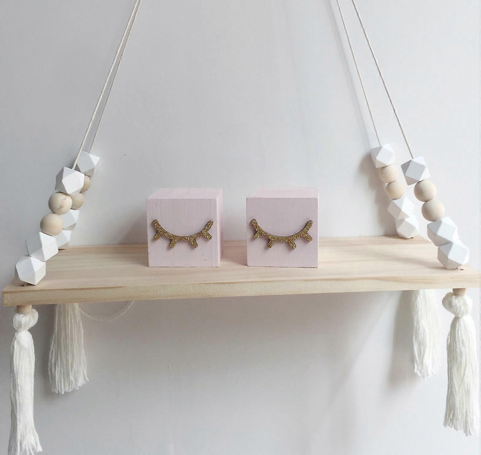 solid wood macaron style wall shelf (eight-cornered white wooden beads)