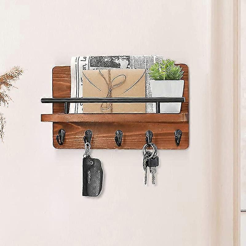 Wooden Wall Key Holder with 5 Hooks Decorative Mail Organizer for Home Entryway