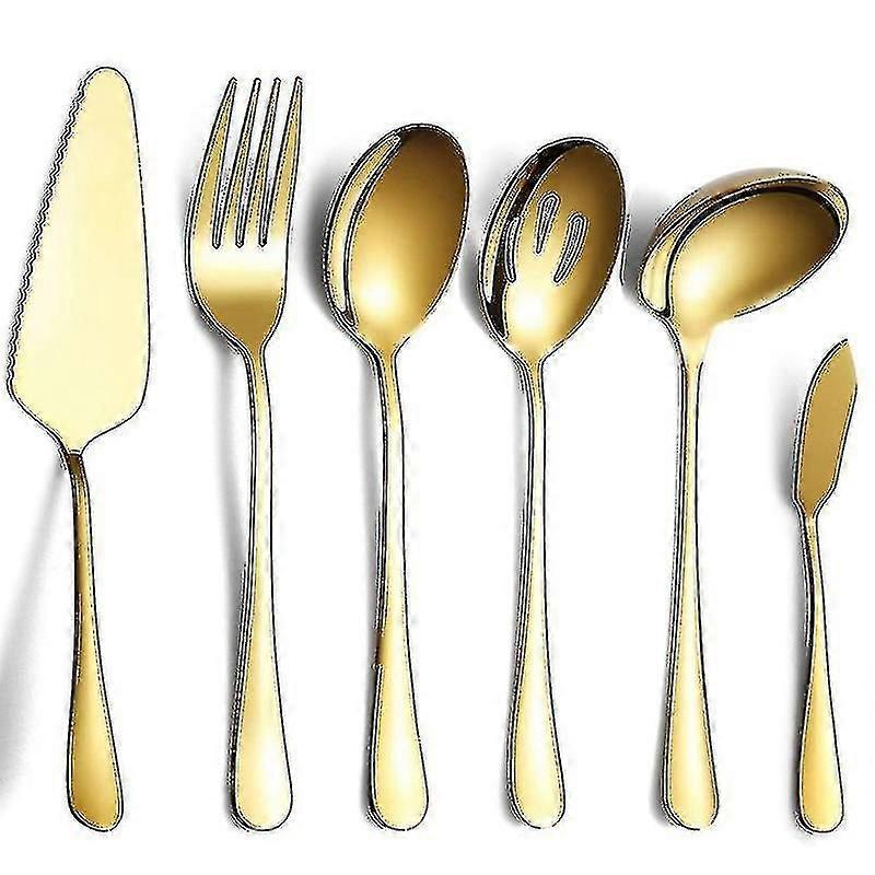 6 Piece Serving Cutlery Silverware Set, Serving Utensil Set, Gold