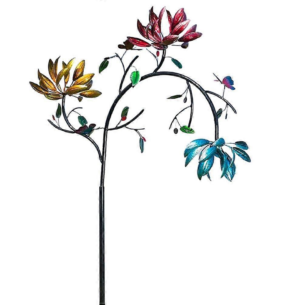 Large Metal Wind Spinner with Colorful Three Spinning Flowers and Butterflies for Outdoor Yard Garden Decor