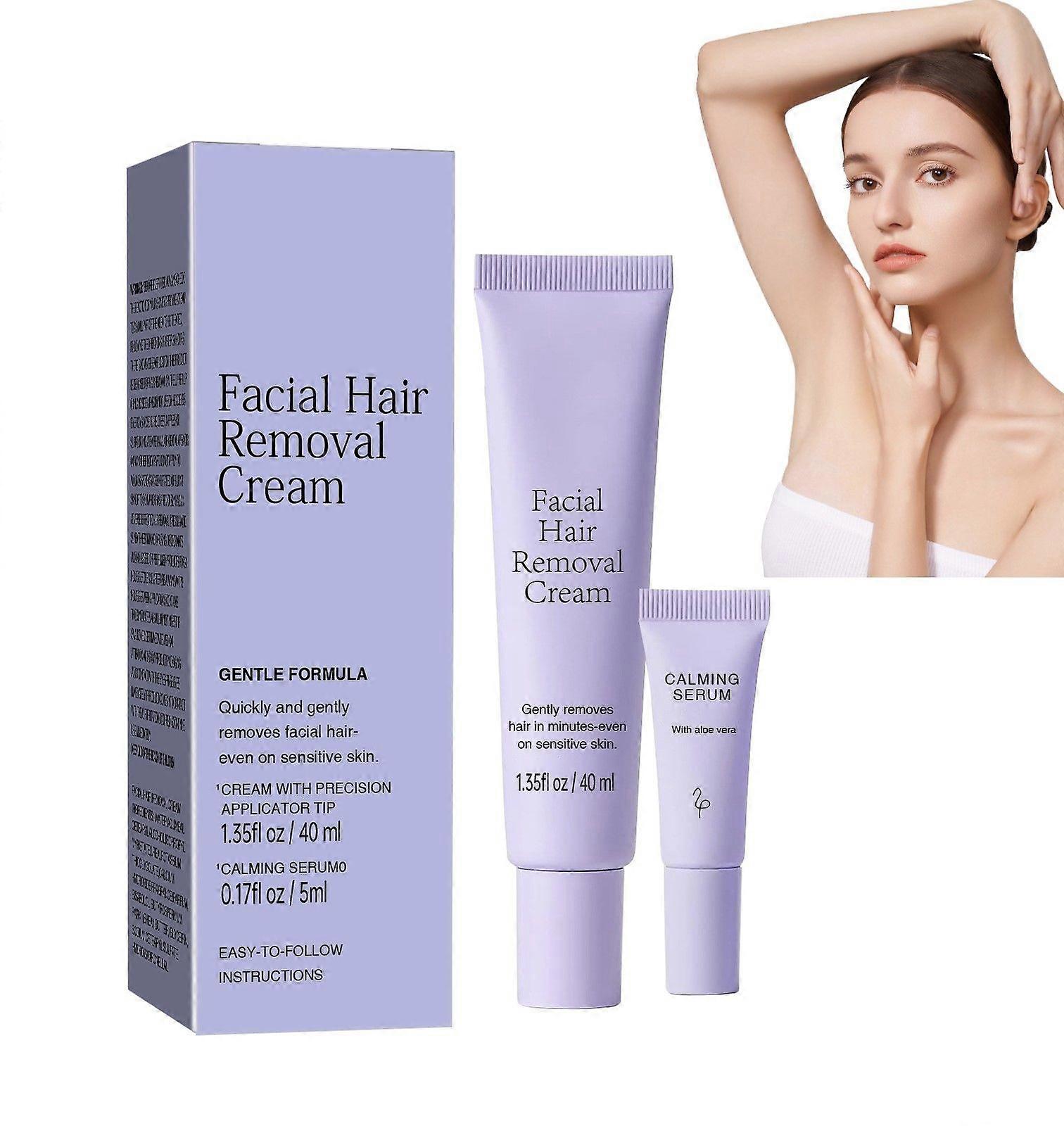 Facial Hair Removal Cream + Calming Serum, Hair Removal Epilator Cream Safe for Sensitive Skin, Soothing Gentle Formula, For Uipper lip, Chin, and Sid