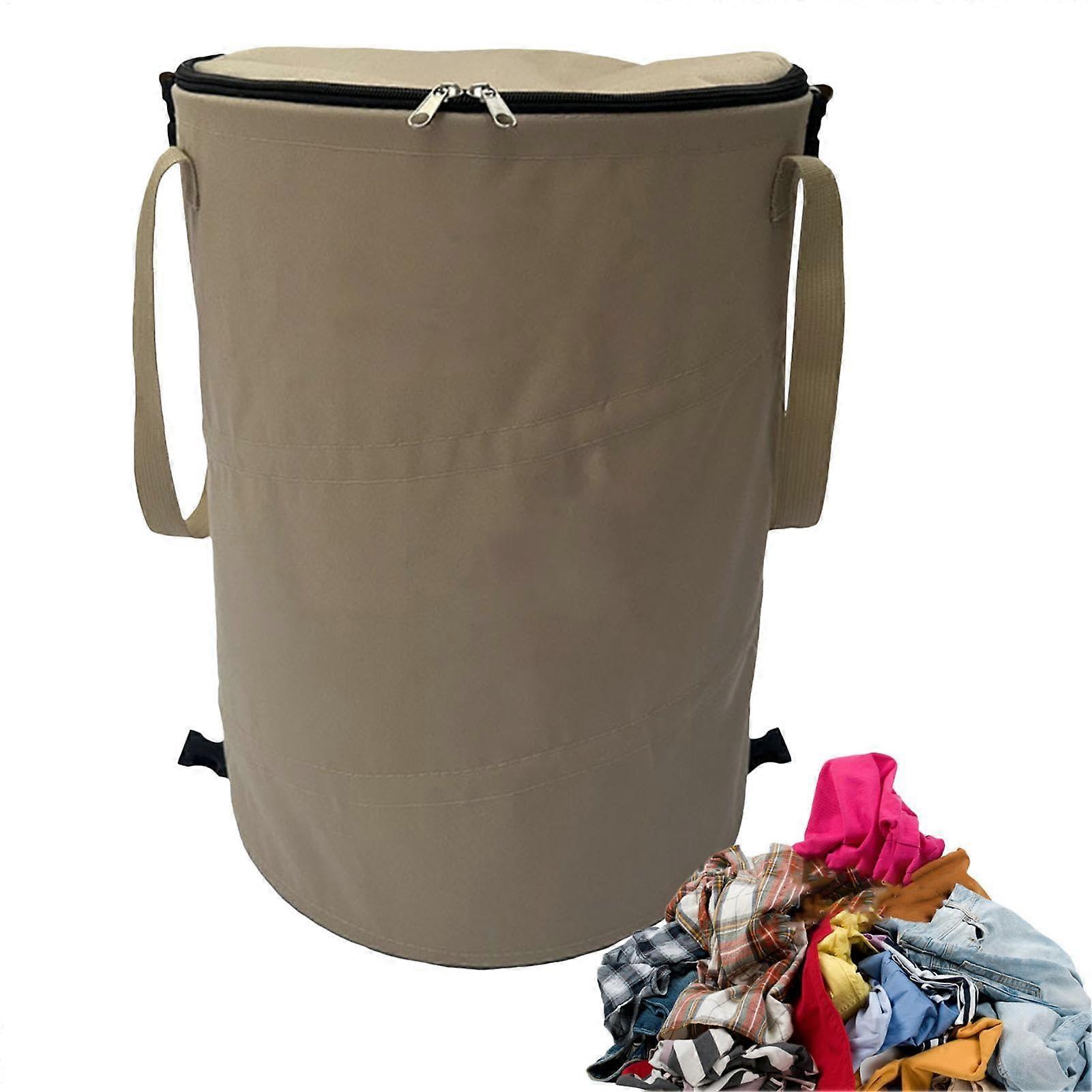 Collapsible 37L Camping Trash Bin with Zipper Lid | Portable Garden Waste Bag and Reusable Utility Container in Beige