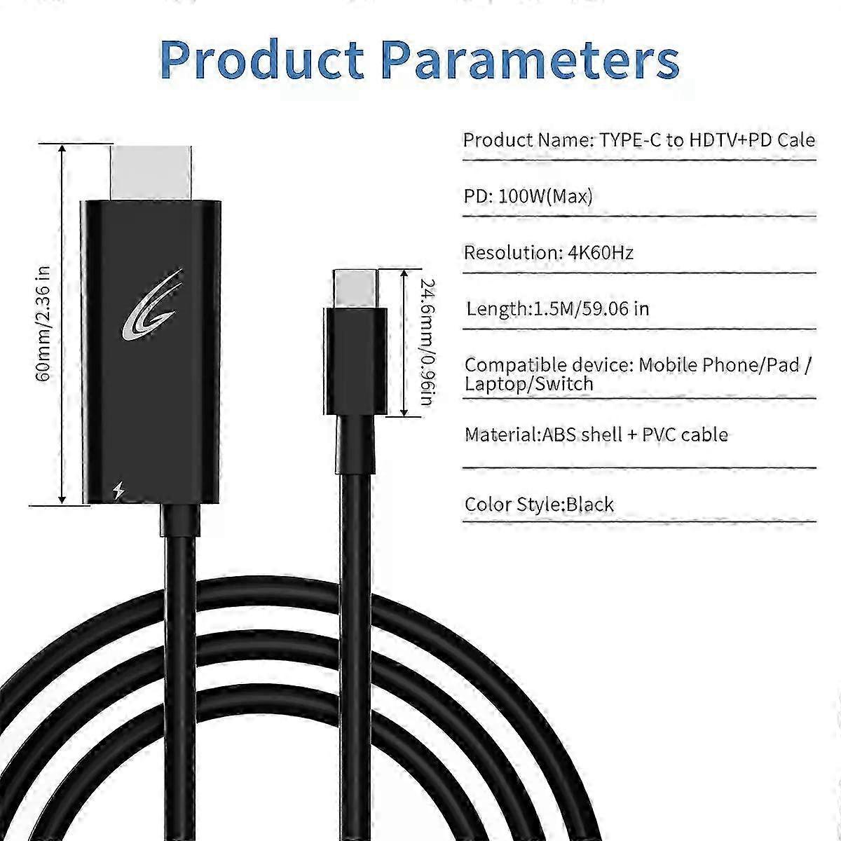 4.9FT USB-C to HDMI Cable 4K 60Hz Type-C to HDMI Adapter with PD Charging for Certain Brand Devices