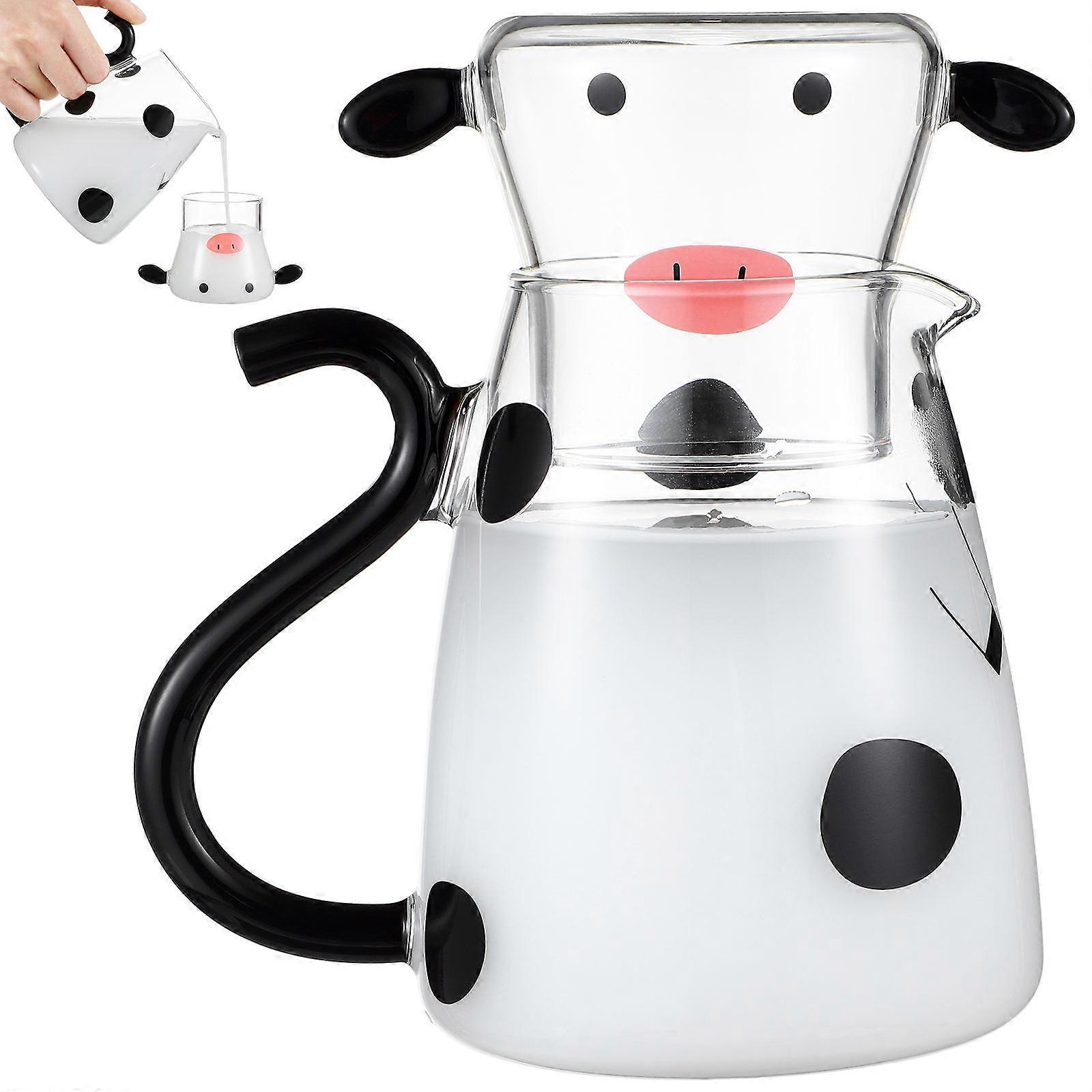 Glass Jug Cow Shape Heat-Resistant Microwavable Dust-Proof Storage-Friendly Water Pitcher with Cup 1Set