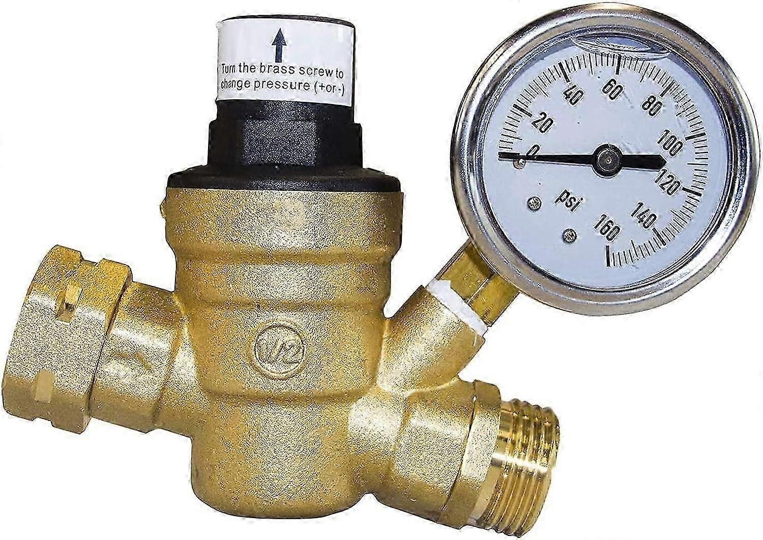 Water Pressure Regulator Valve RV Brass Water Pressure Regulator with Gauge and Inlet Screened Filter for Camper Trailer