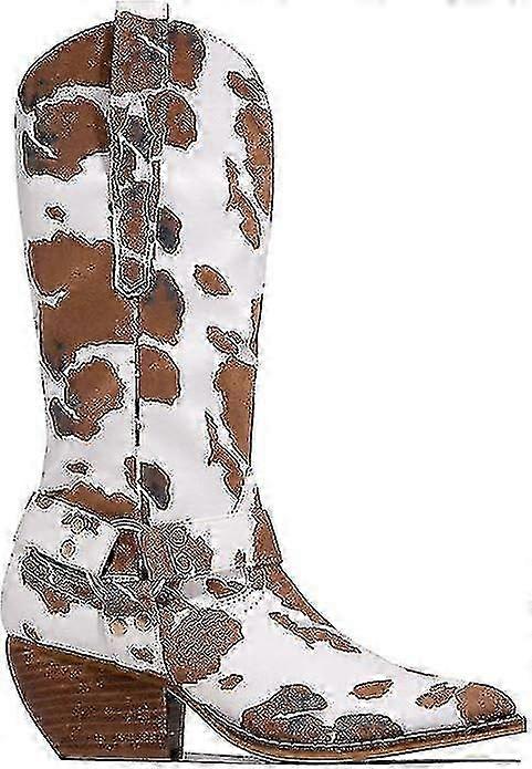 Cow Print Western Style Boots with Block Chunky Heel Mid Calf