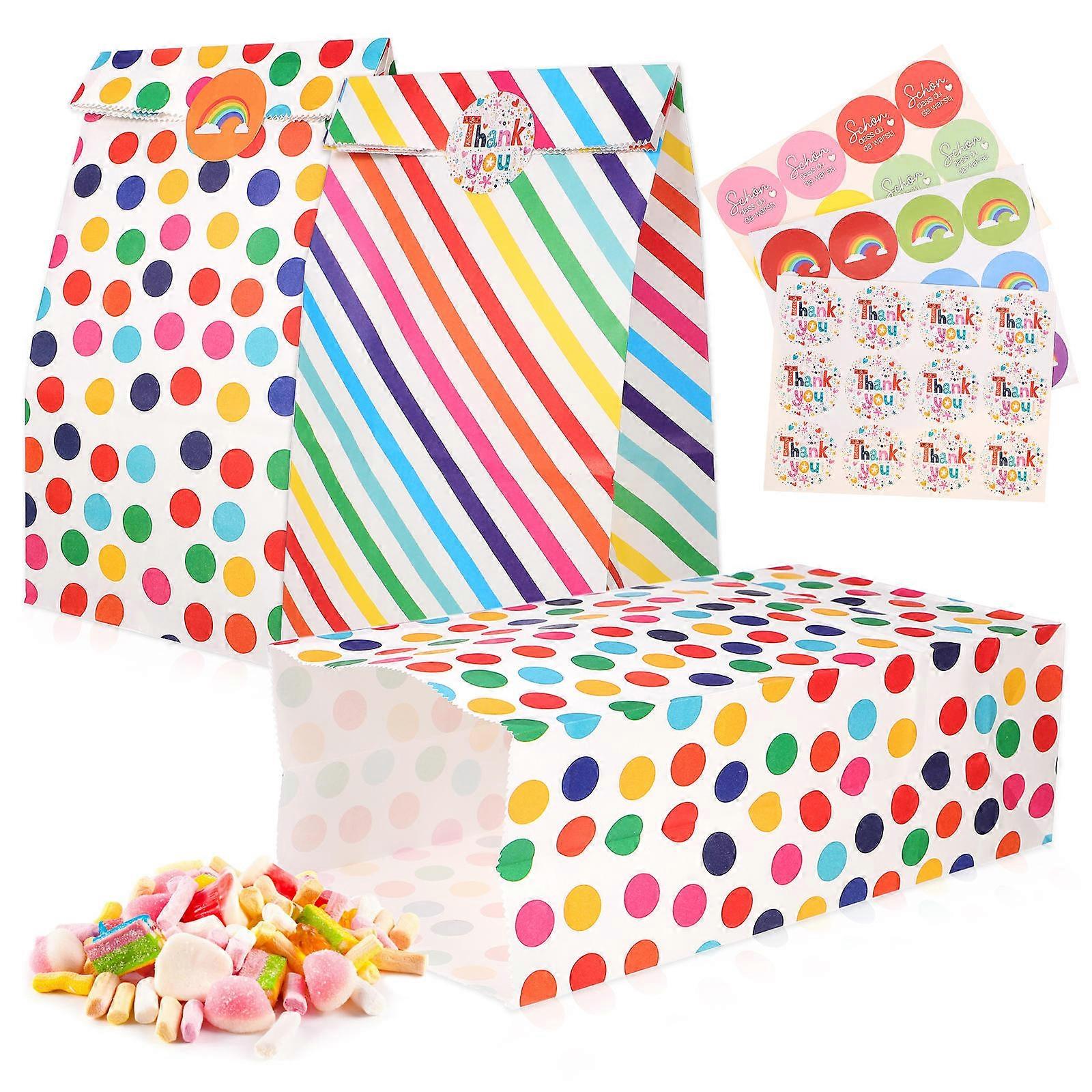 Colorful Paper Party Favor Bags with Stickers – Dot & Striped Design for Birthdays, Weddings, Christmas, and More – Perfect for Treats and Candies
