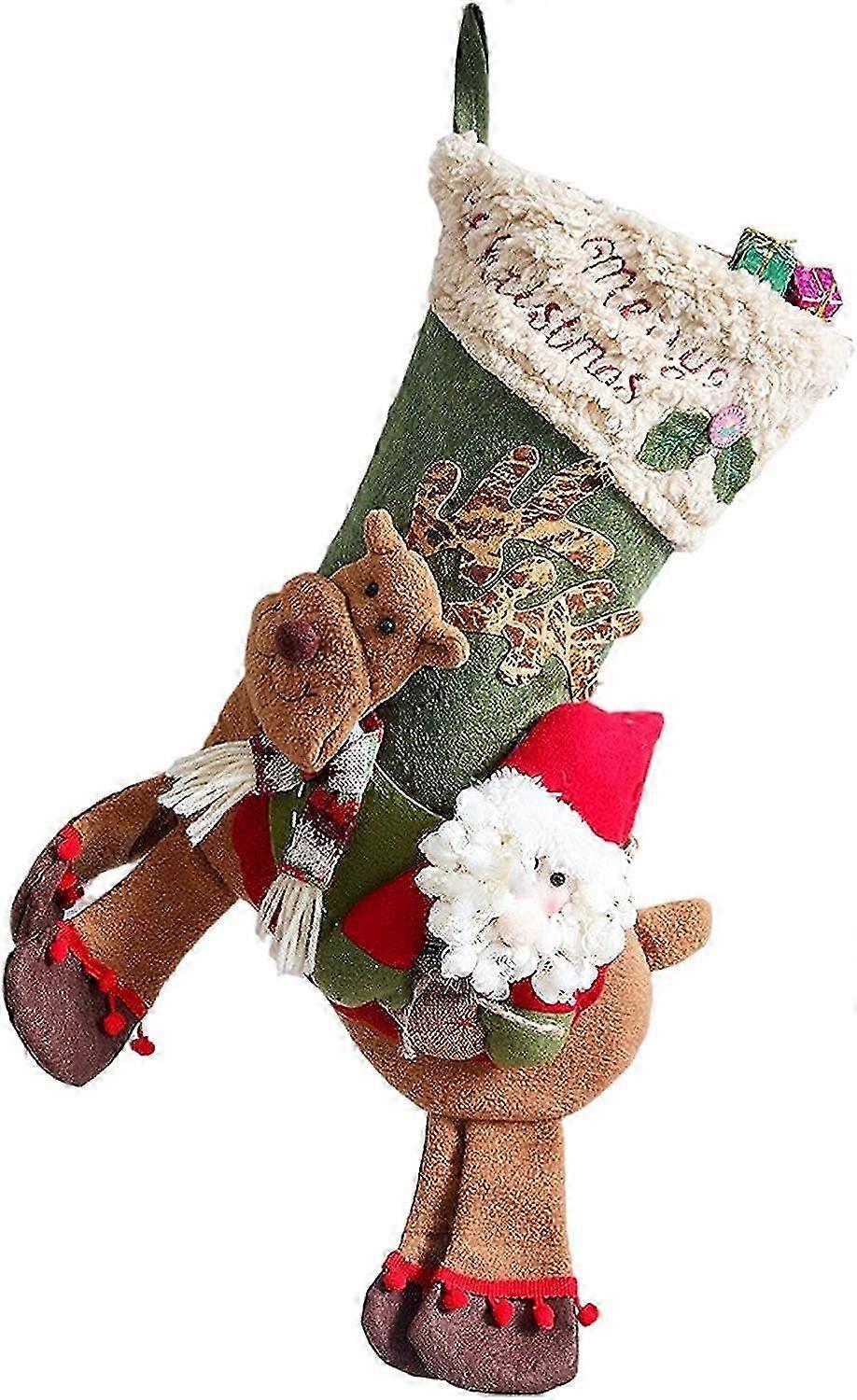 Large Size Christmas Stocking with Santa Claus and Snow Reindeer Design, Perfect for Fireplace and Tree Decoration