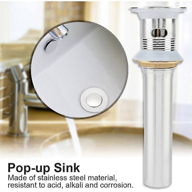 Sink Drain, G1 1/4 Chrome Stainless Steel Bathroom Sink Pop-up Drain Set with Overflow,