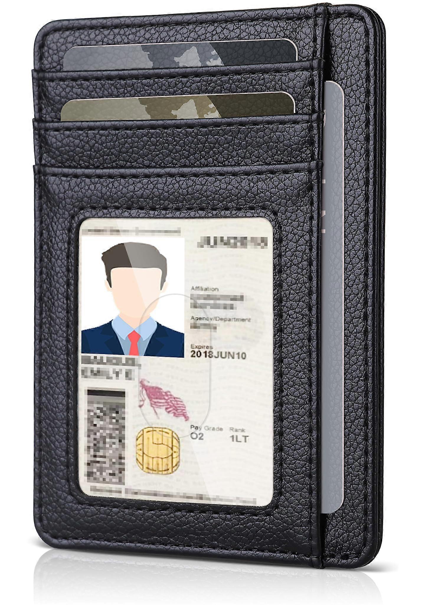 Mini Wallet Men's Small Card Case, RFID Protection, PU Leather Slim Design, ID Window, Quick Access, Lichee Black (11.7 x 8.1 x 1 cm)