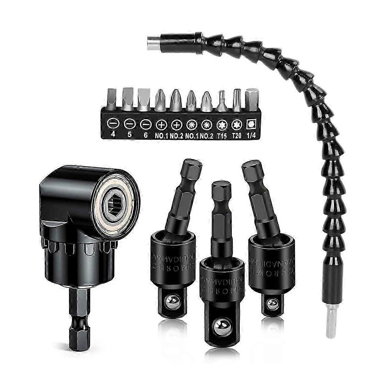 Flexible Drill Bit Extension Right Angle Drill Adapter Set 360Rotatable 1/4 3/8 1/2inch Impact Grad