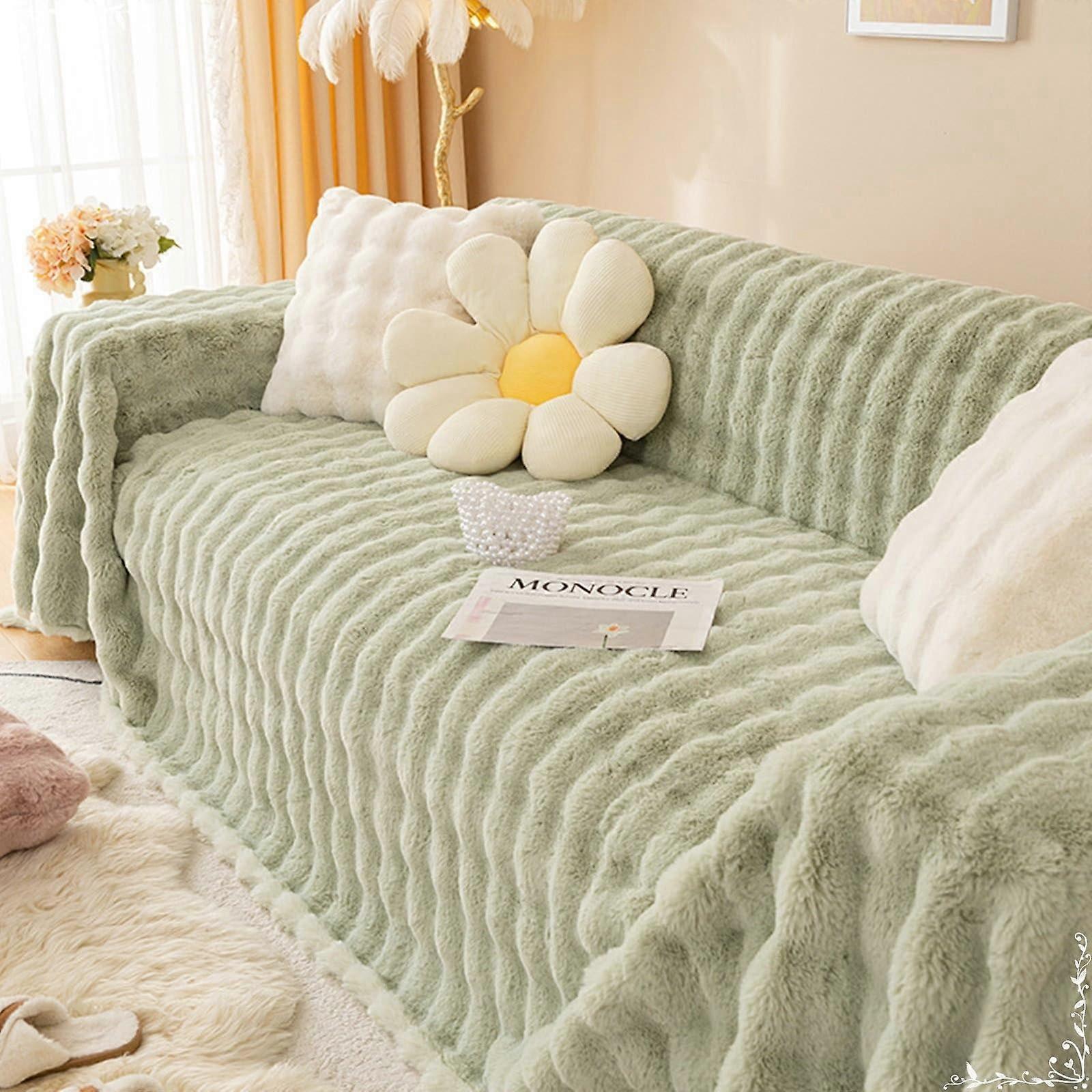 Couch covers, flannel sofa cover matcha green solid color sofa cover 3seater (180x340cm)