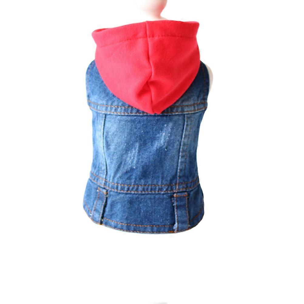 Denim Dog Jacket: Hoodie Winter Coat Stylish Denim Jumpsuit for Dogs Sweaters for Small Medium Large Dogs Lapel Vest with Red Knit Hat Size M