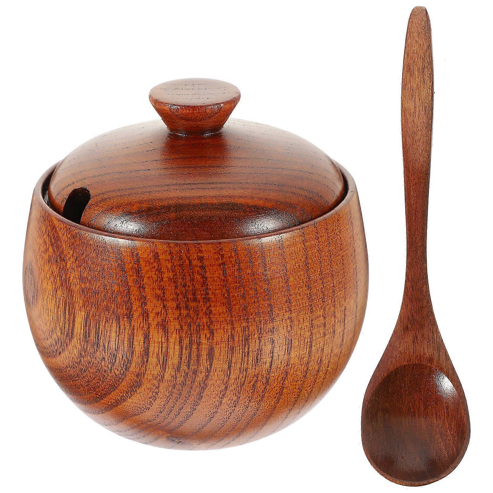 Wooden Seasoning Jar with Spoon, Compact Condiment Canister for Salt, Sugar & Spices, Easy to Clean & Store for Home, Outdoor & BBQ Use