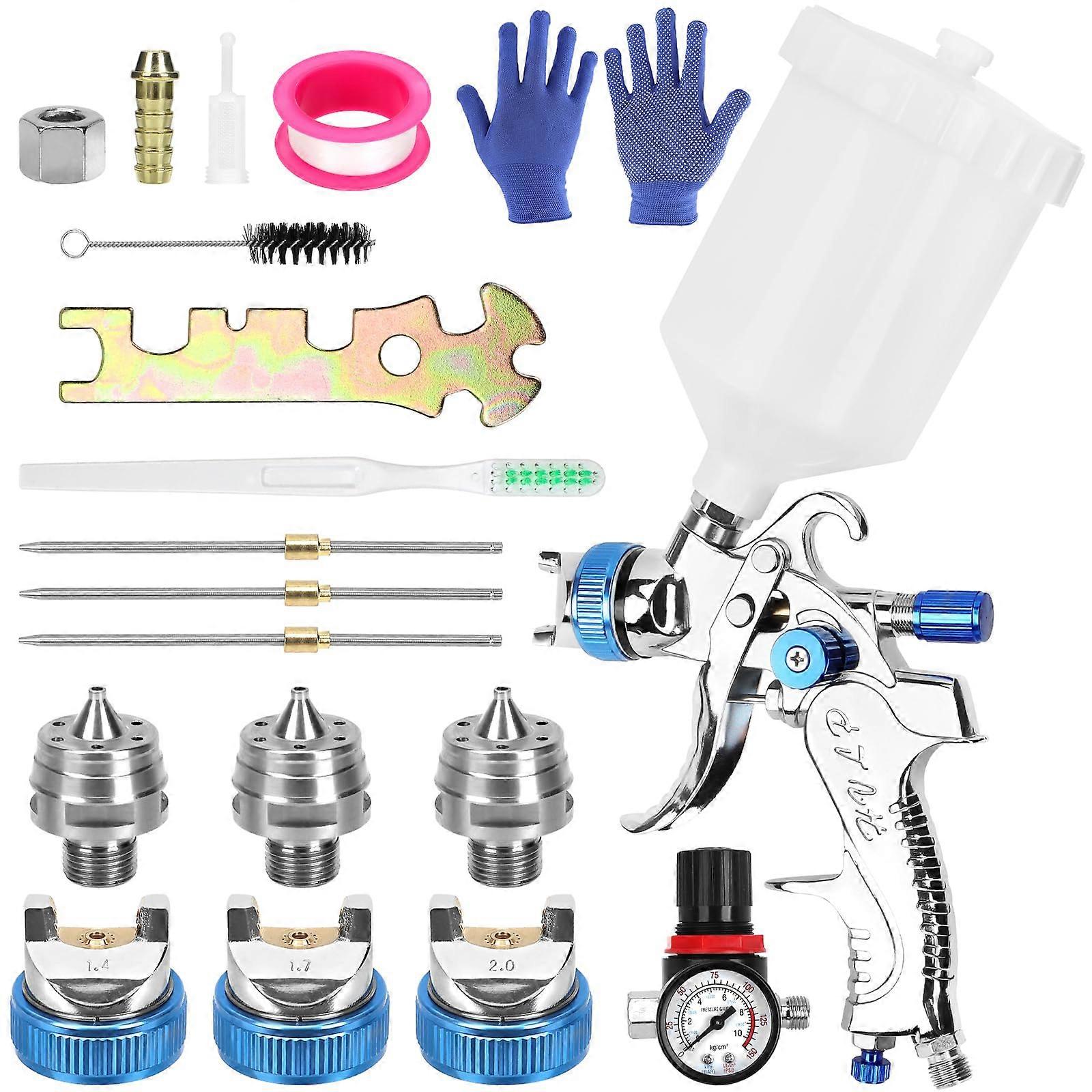 Professional Air Spray Gun Kit with 3 Nozzles (1.4mm/1.7mm/2.0mm), Pressure Gauge, Paint Cup and Accessories for Precise Painting Blue