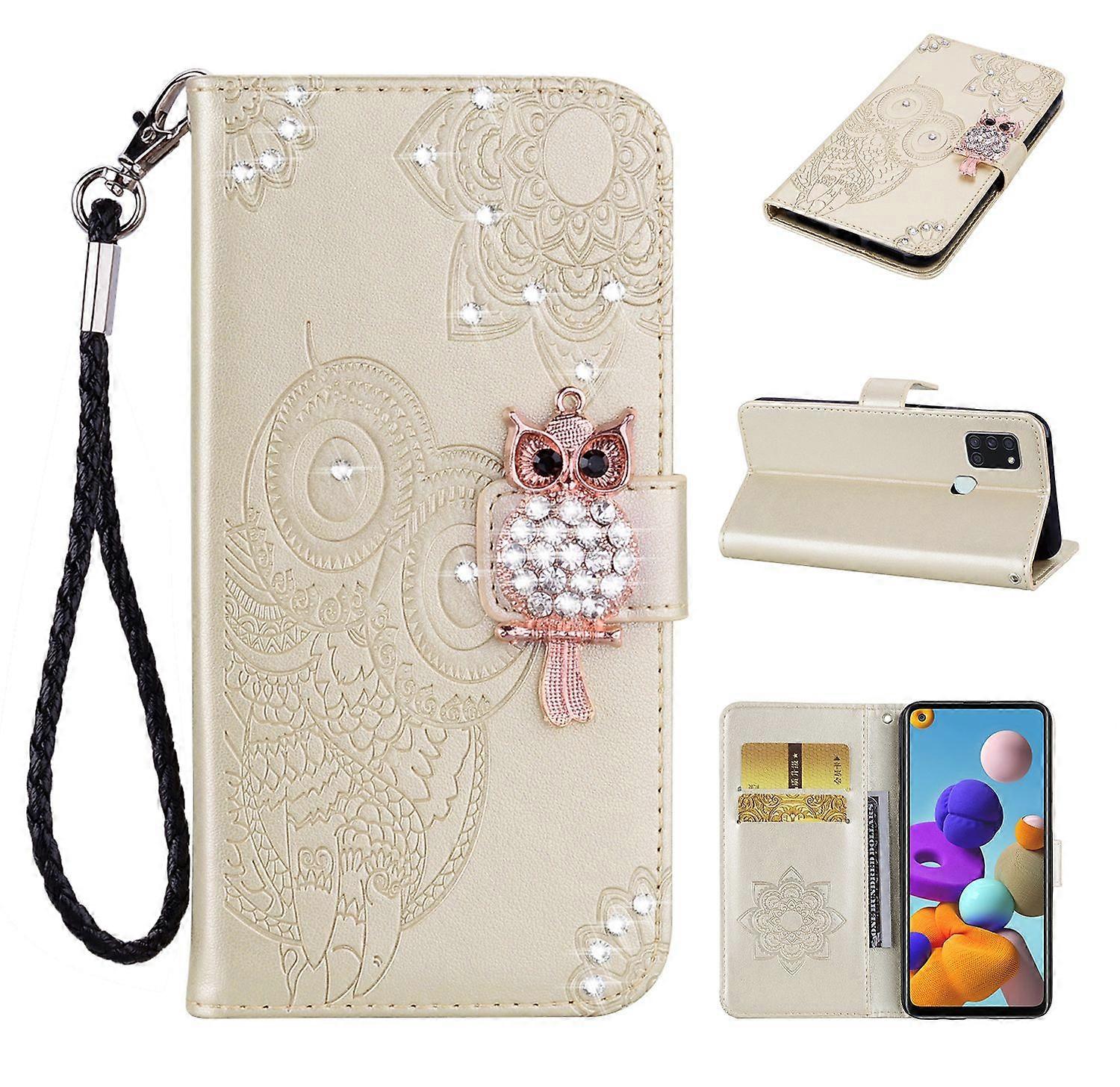 For Samsung Galaxy A21s PU Leather Flip Wallet Case Owl Imprint Rhinestone Decor Stand Cover with St