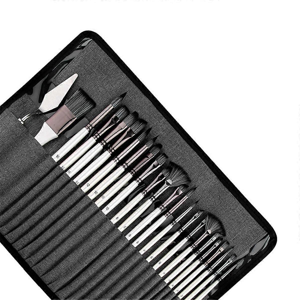 24Pcs Nylon Brush Set with Cloth Roll and Palette Knife is Suitable for Acrylic Oil Watercolor and