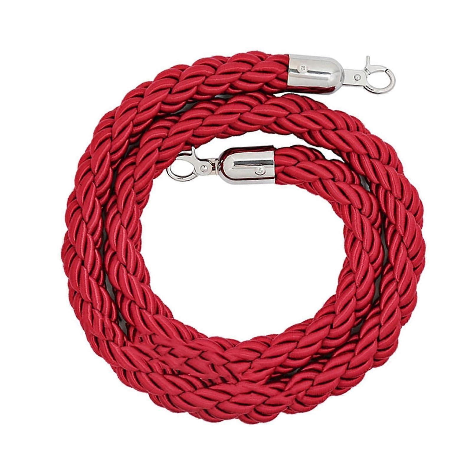 Queue Barrier Rope With Silver Hook, Braided Hemp, Red, 2.5M Stanchion Rope for Queue Divider and Crowd Control