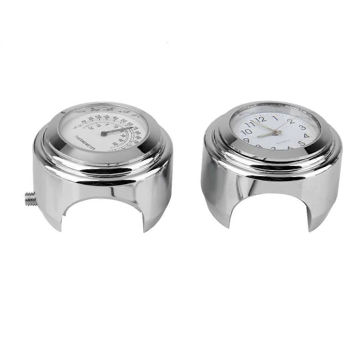White Night Glow Temp Thermometer Handlebar Clock for Motorcycle 2Pcs