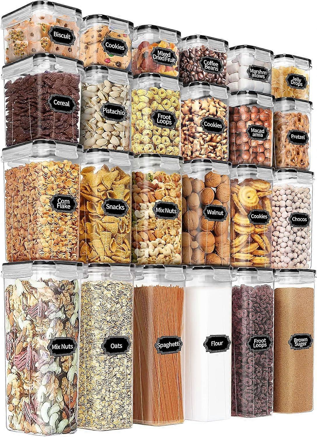 24Piece Airtight Food Storage Container Set BPA Plastic With Labels Large Capacity Black Cereal Flour Sugar