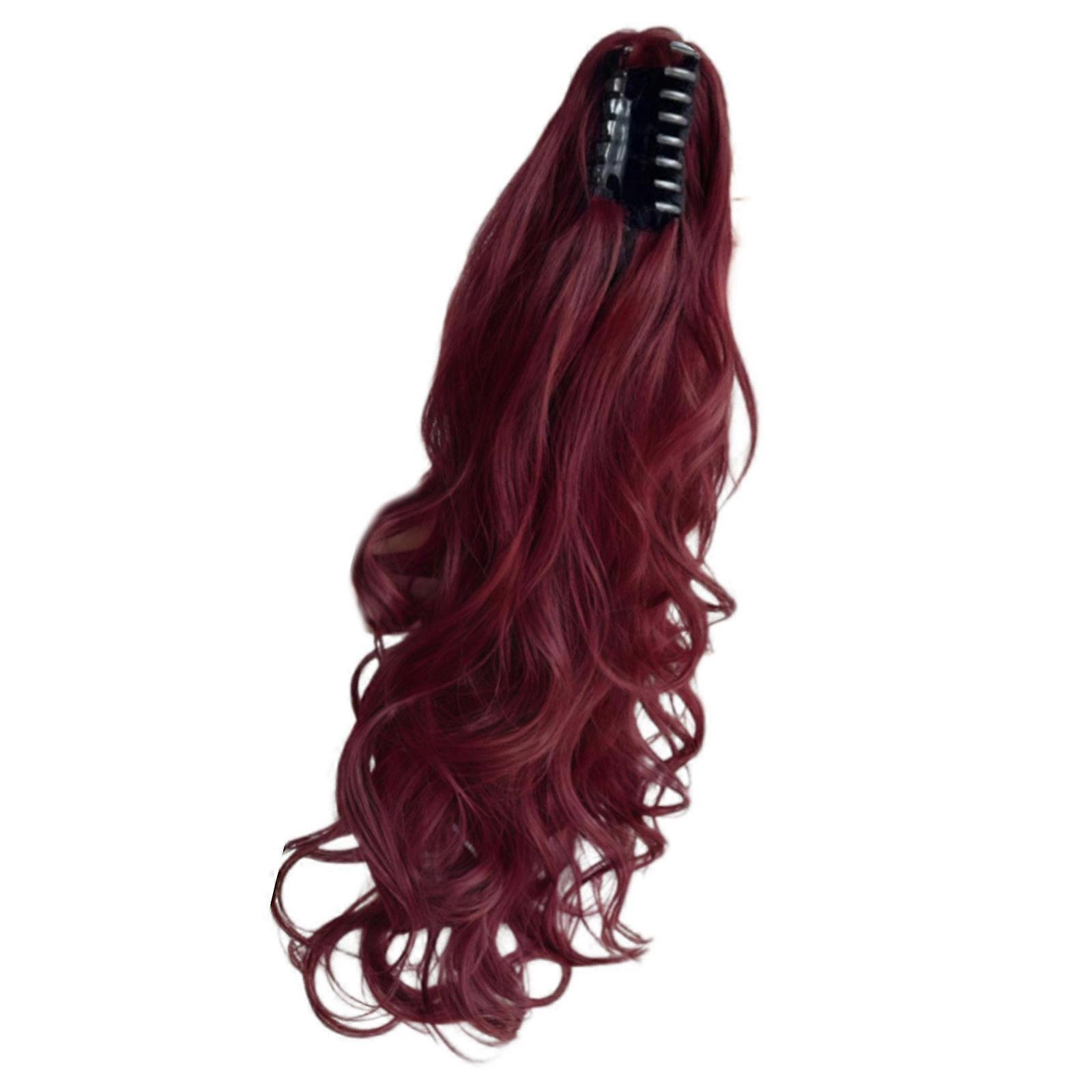 Gray Ponytail Clip In Hairpiece With Secure Clasp Design Natural Curly Synthetic Fiber  Claret