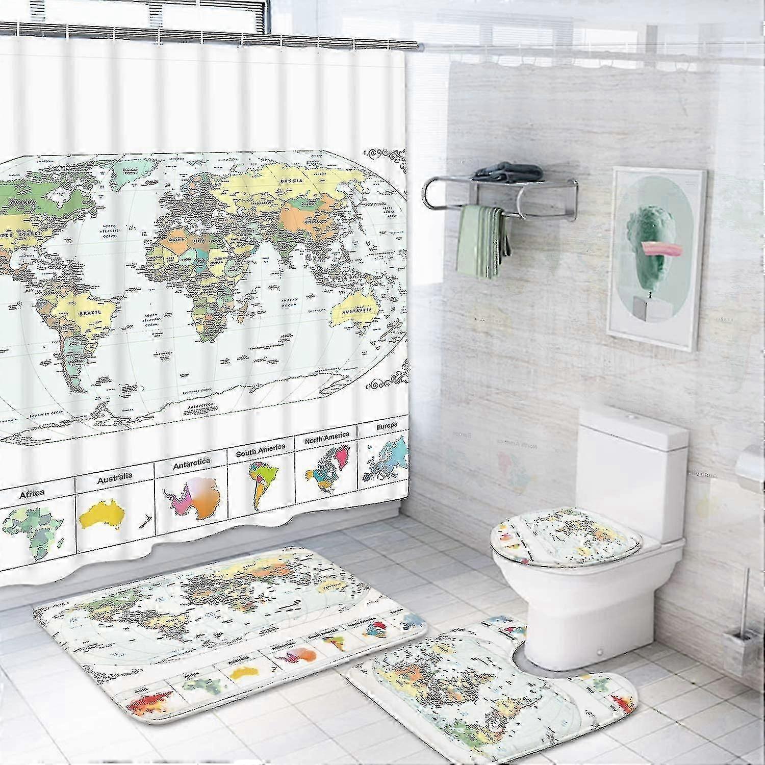 Set Of 4 World Map Shower Curtains With Non-slip Mat, , Bath Mat, World Geography Shower Curtains With 12 Hooks, Waterproof Fabric