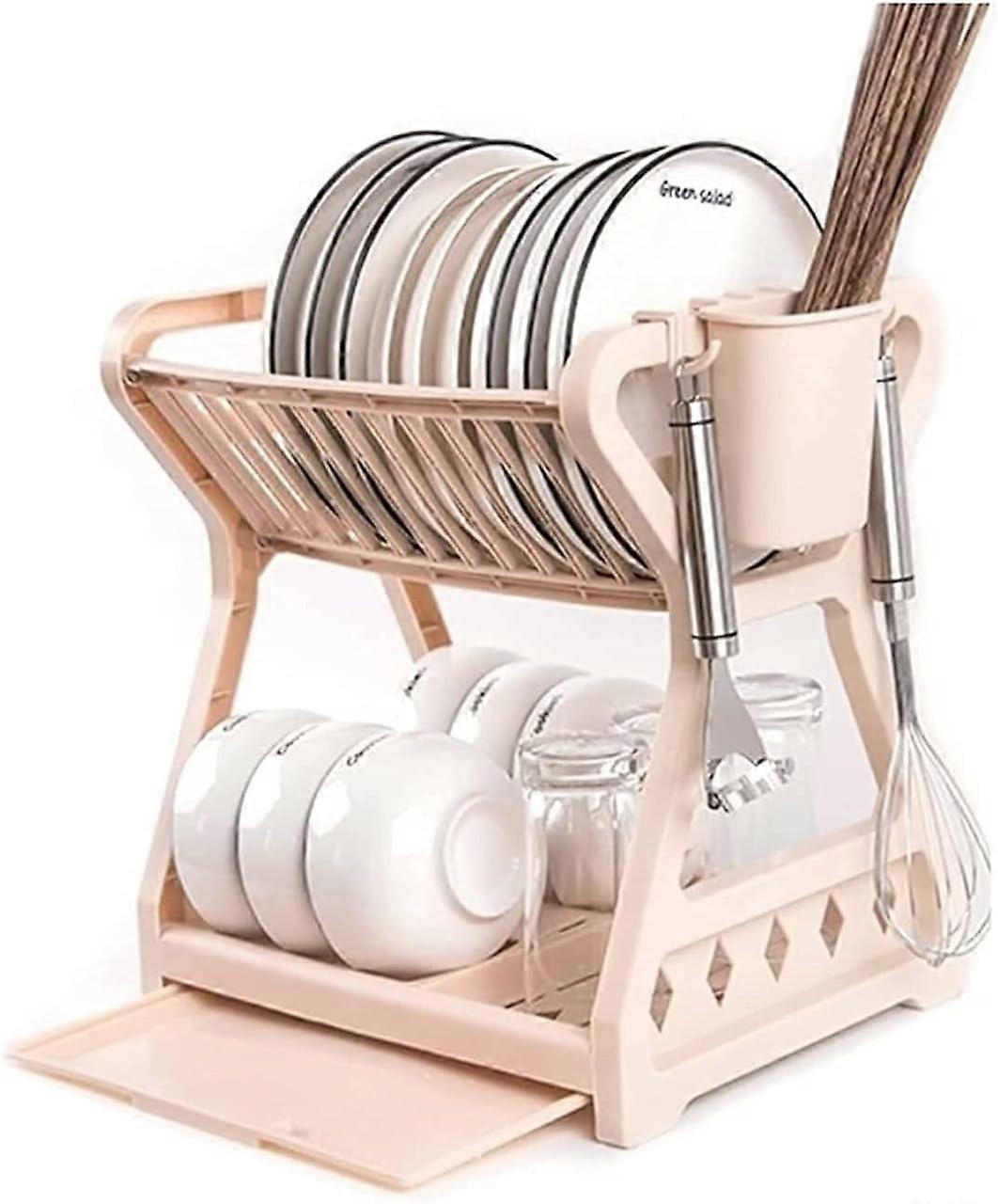 Double Layer Dish Drying Rack with Utensil Holder for Kitchen Countertop Apricot 31x24x33cm