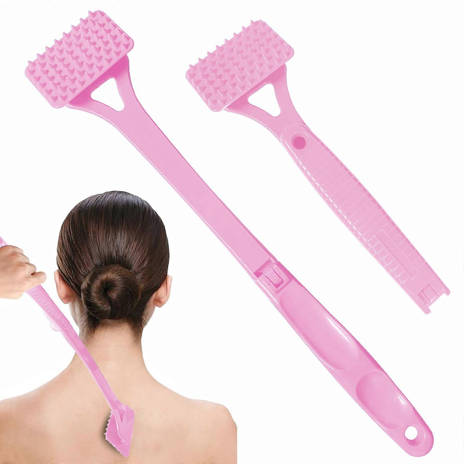 Retractable Body Massage And Pet Brush 2 In 1 Tool Extended Length Scratching Relief Foldable Handle  pink