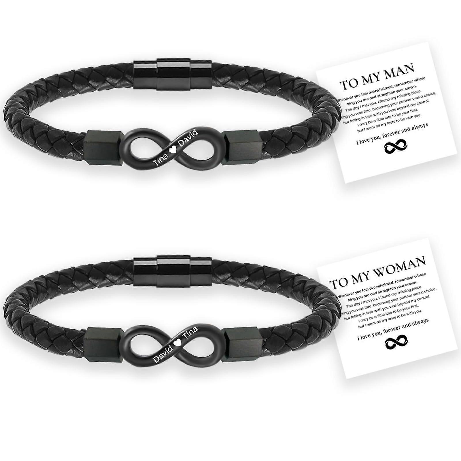Infinity Bracelet with Custom Name Engraving, Adjustable Leather Band for Couples Black