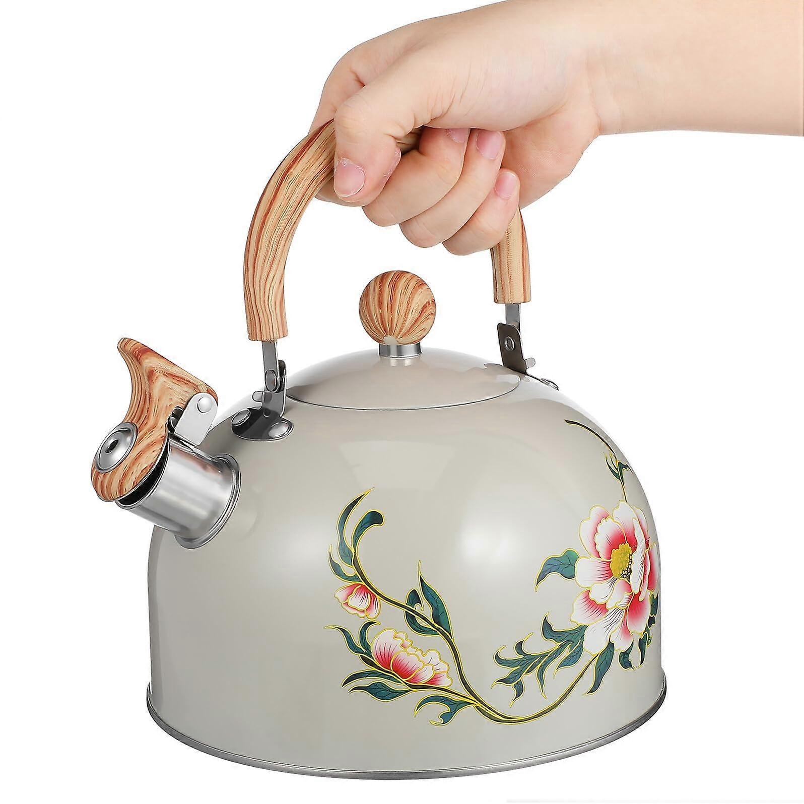 Whistling Stovetop Tea Kettle with AntiScald Handle, Fast Boil, Floral Design for Kitchen