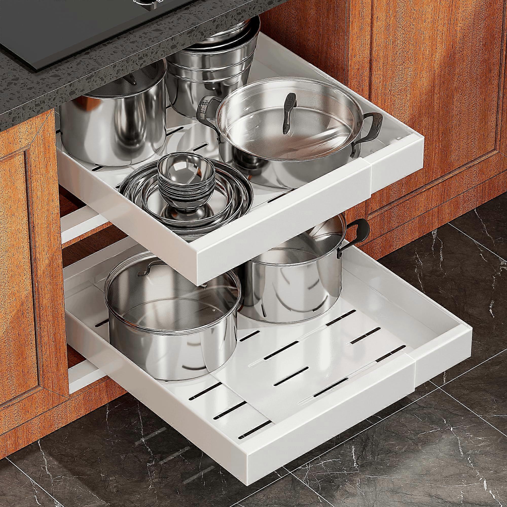 2 Pack Pull Out Cabinet Organizer 21 Inch Deep Adjustable Width Sliding Shelf for Framed Cabinets White