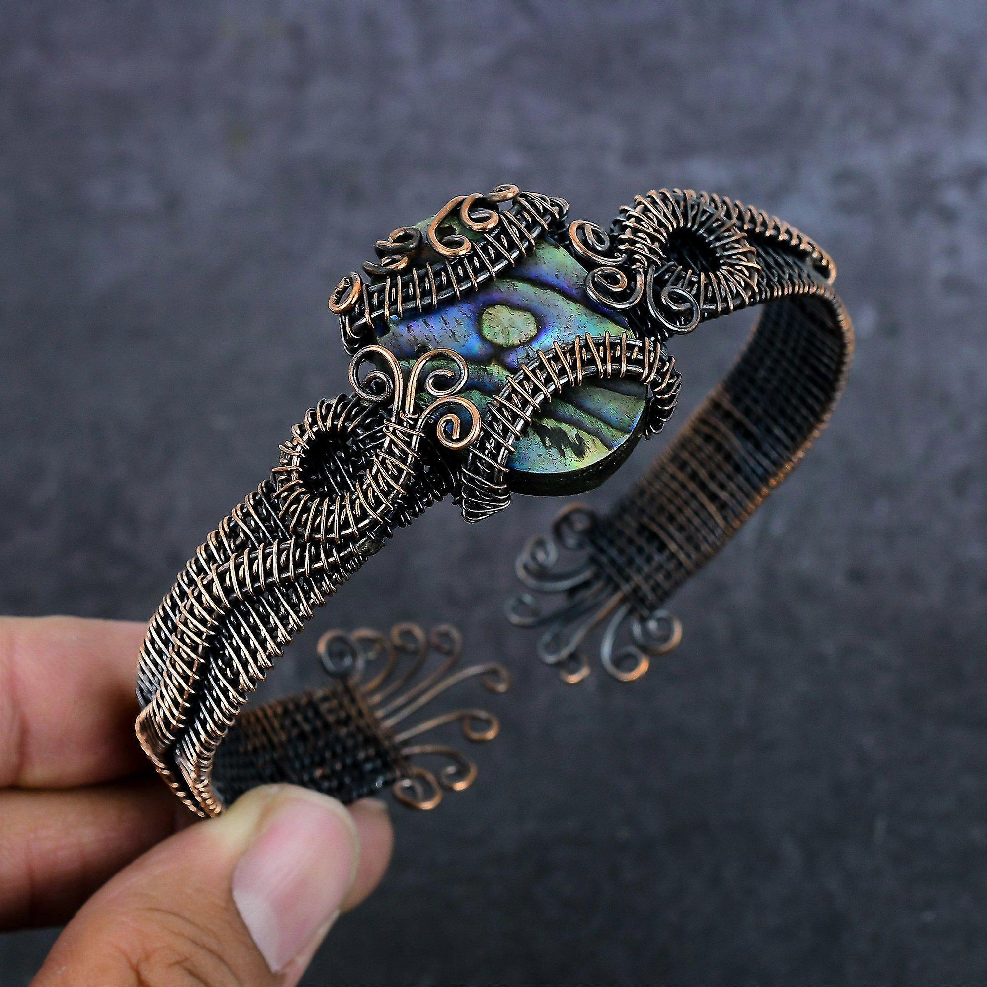 Natural Abalone Shell Gemstone 925 Sterling Silver Cuff Bangle Adjustable C5i49