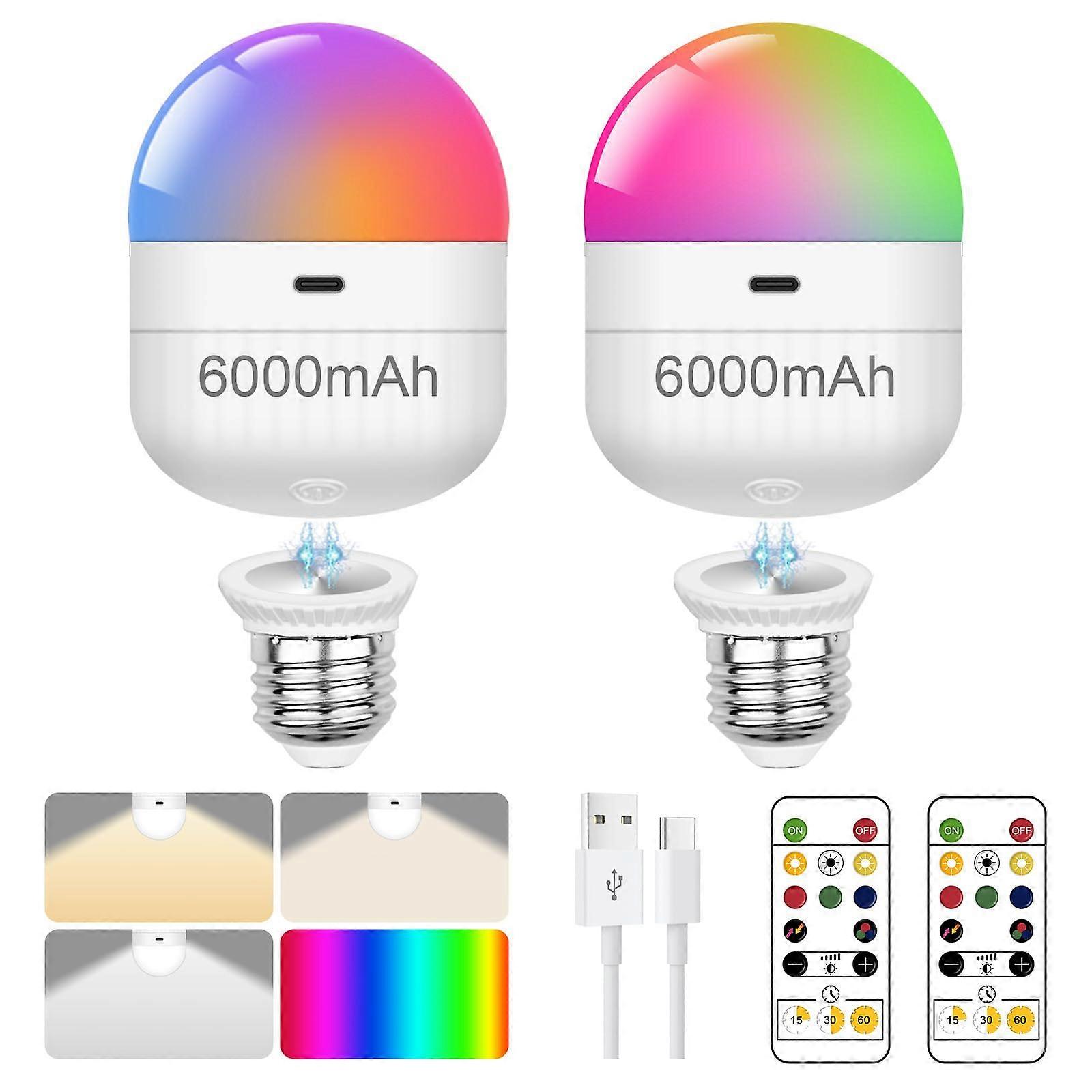 2 Pack Rechargeable LED Light Bulbs with Remote Control, 6000mAh E26 Color Changing for Lamps and Wall Sconce