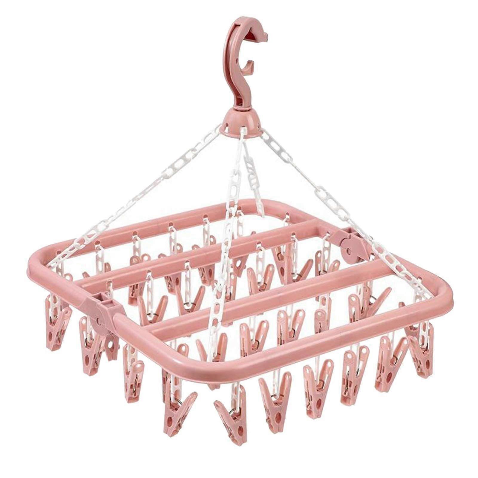 Clothes Drying Rack Foldable Windproof 32 Clips for Socks and Underwear Pink Hanging Laundry