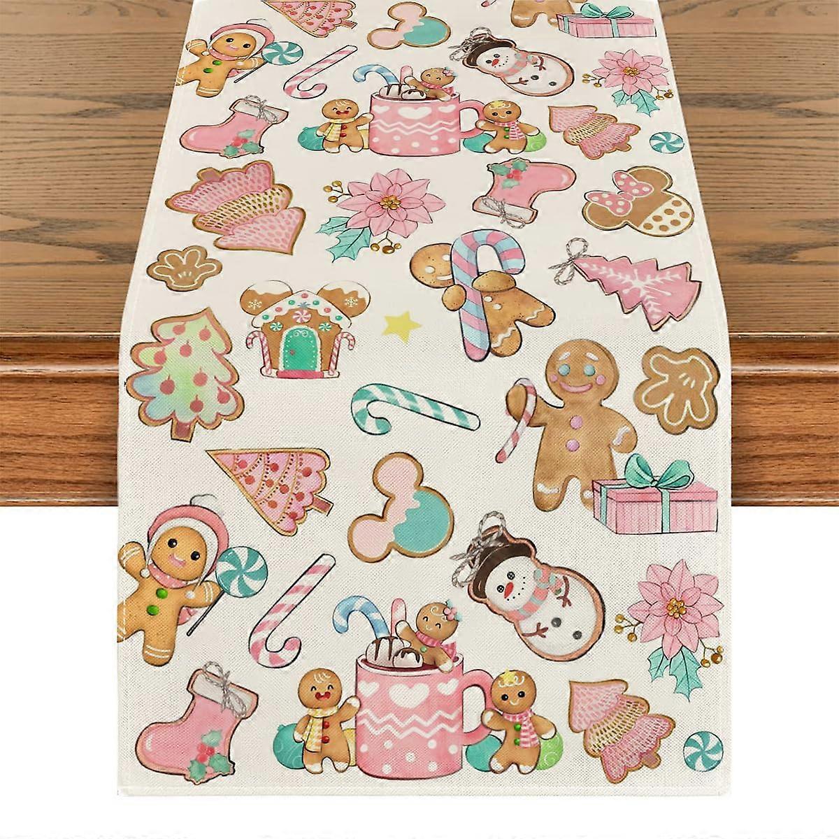 Pink Christmas Table Runner 13x72 Linen Gingerbread Design Wrinkle Resistant Dining Table Decor
