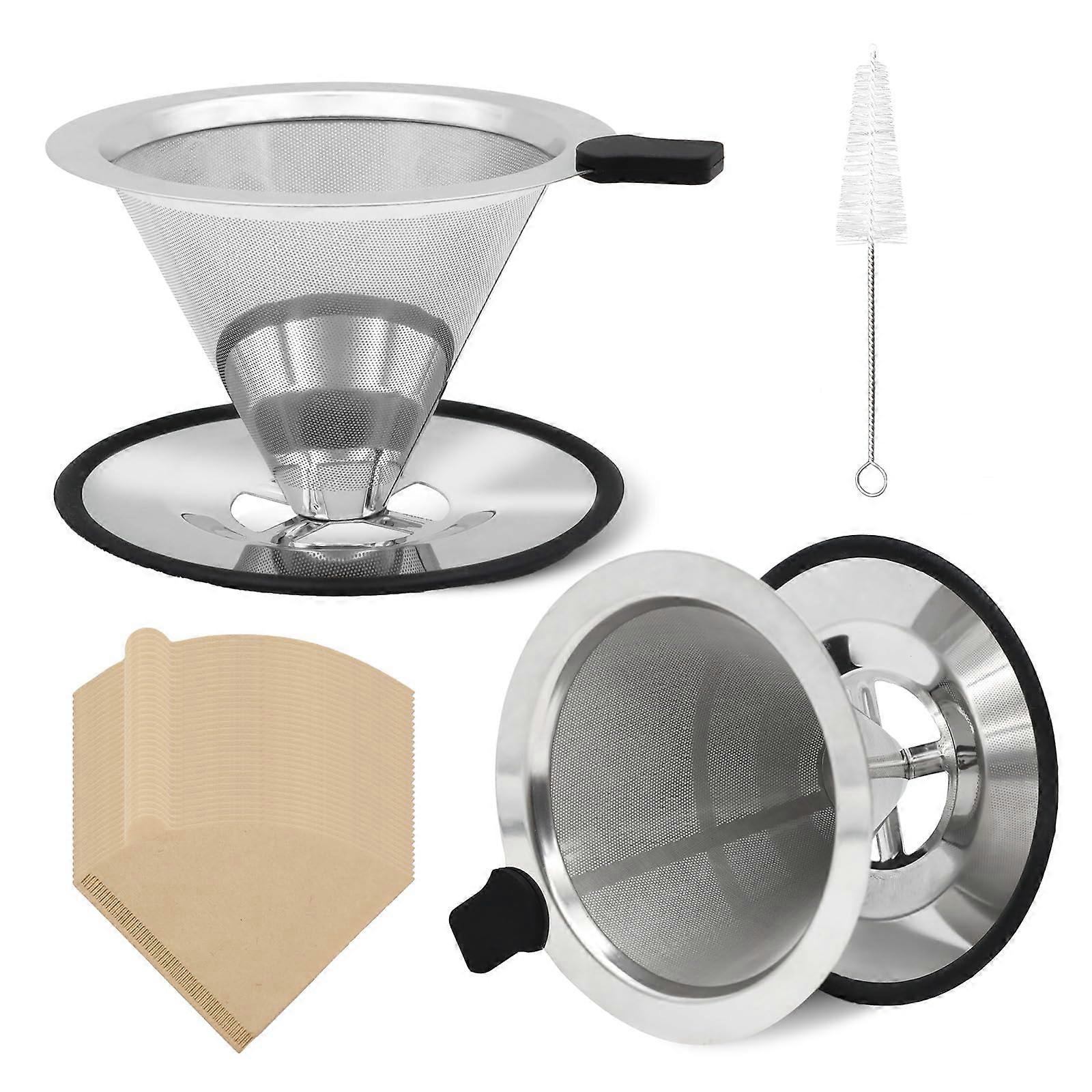 2 Pcs Pour Over Coffee Maker with Reusable Stainless Steel Filter, Double Layer Mesh, Papers and Brush