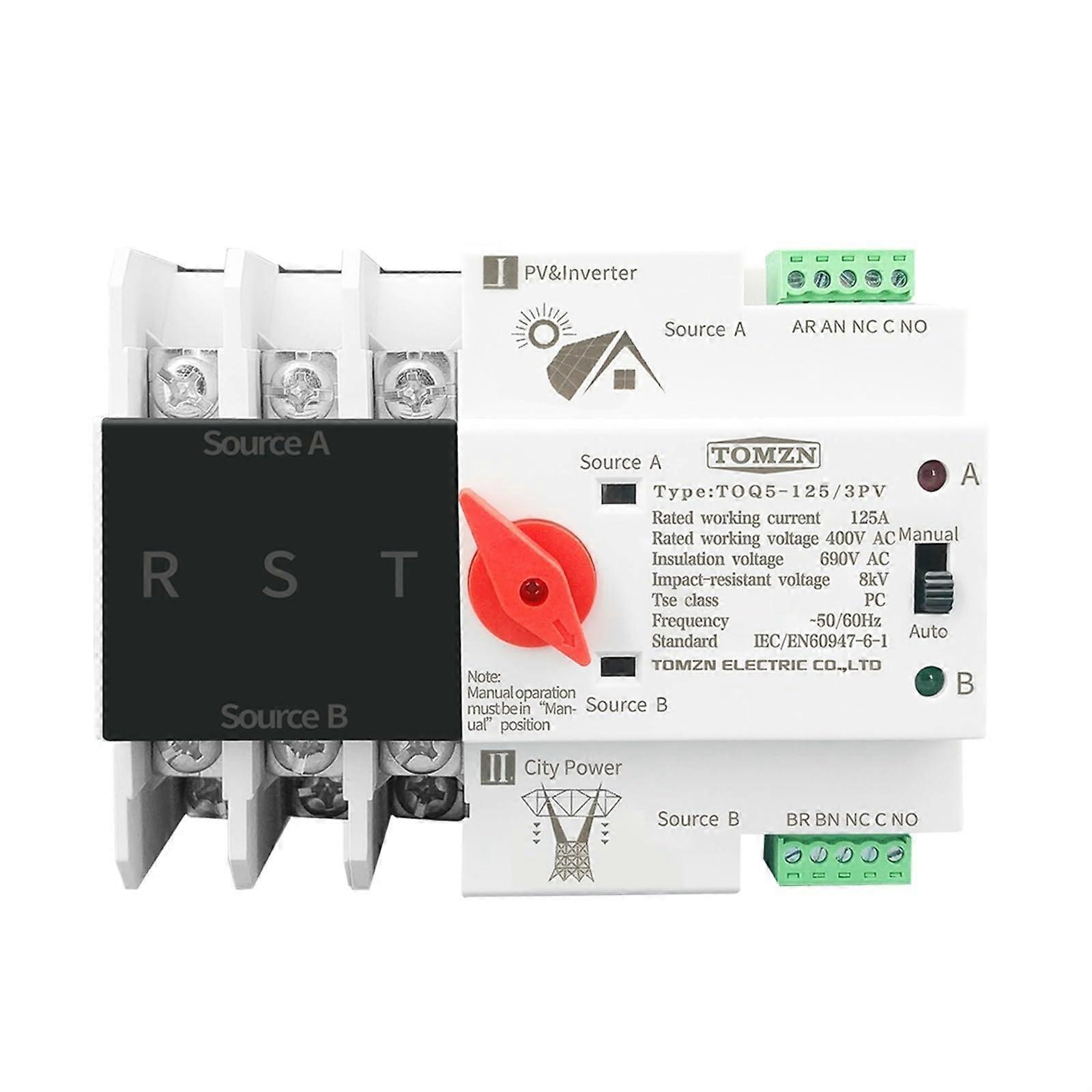 100A 3 Phase Automatic Transfer Switch DIN Rail Mount for PV Inverter Dual Power Uninterrupted