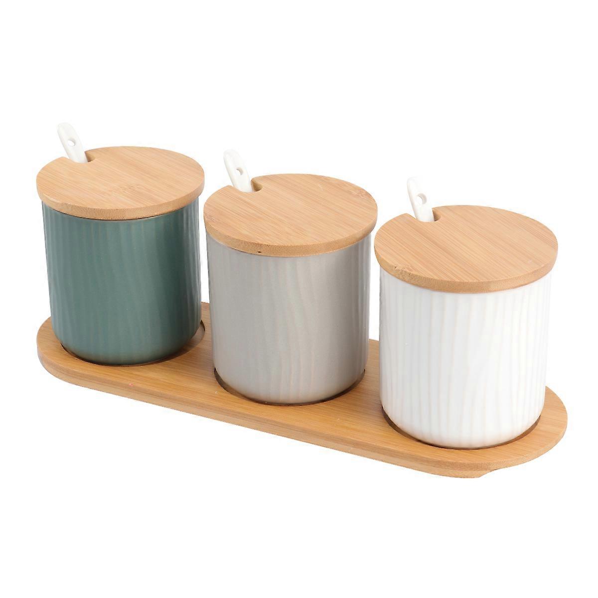 Ceramic Seasoning Box Set for Kitchen Use with Lid Three Pieces