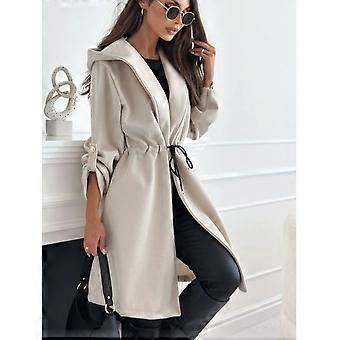 Autumn And Winter Stylish And Stylish Lapel Drawstring Trench Coat, Long Solid Color Woolen Coat, Cinched Waist Women's Clothing