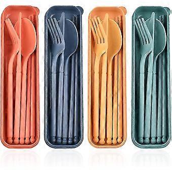 Reisebesteck Set mit Koffer, 4 Sets Tragbares Camping Besteck Set, wiederverwendbares Plastikbesteckmesser, Gabel, Löffel, Essstäbchen Set für Outdoor-Reise-Picn