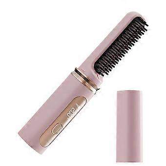 USB Rechargeable Cordless Hair Straightener Brush, 2-in-1 Curler with Adjustable Heat, Pink Travel